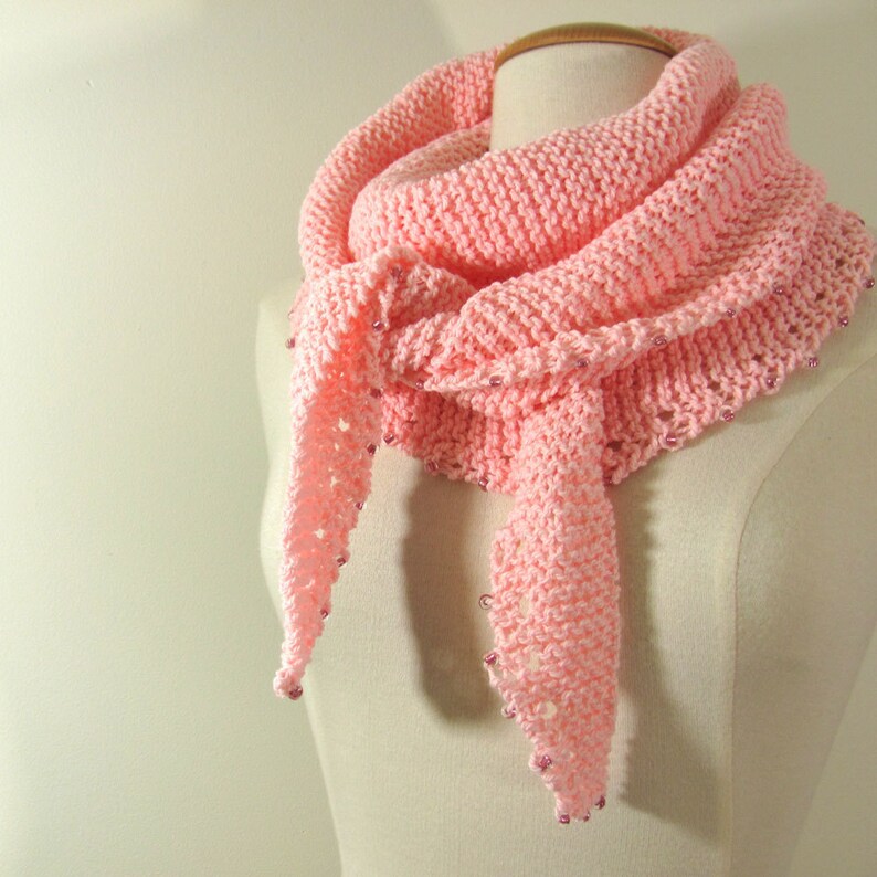 Hand Knit Pink Wrap/Scarf with beaded edge image 4