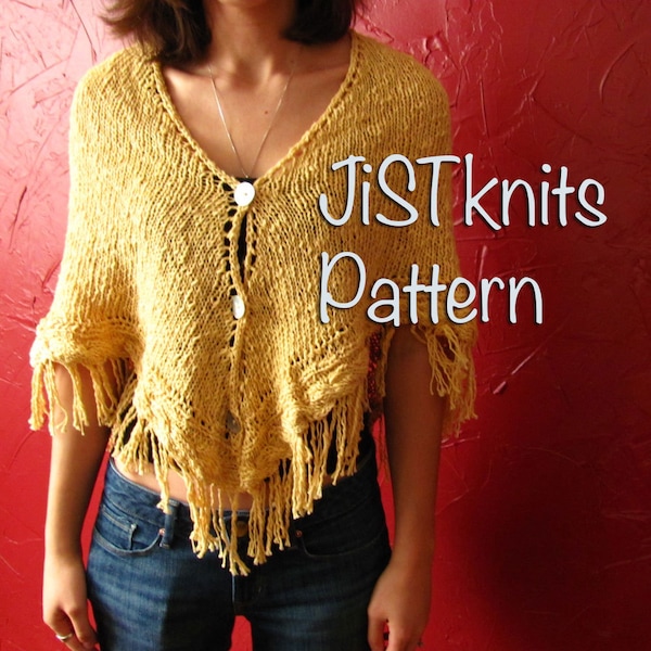 Knit Triangle Shawl Pattern: Fringe Poncho, Cable Border (PDF)
