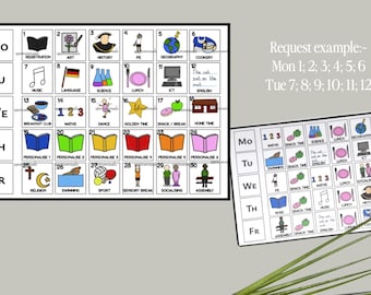 May include: A visual school timetable chart featuring two grid layouts with days of the week labeled Mo, Tu, We, Th, Fr. Each grid contains numbered squares with colorful icons and text labels for subjects like Art, Science, and English, plus a request example text.