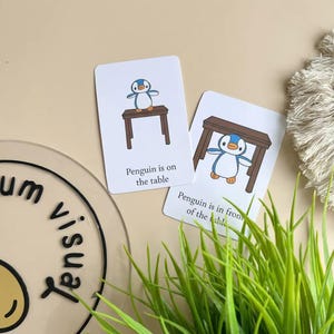 Paquete de 7 tarjetas didácticas con preposiciones, ilustraciones, educación en el hogar y materiales visuales.