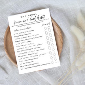 Wie kent pappa en mamma de beste babyshowerkaart | Wie is waarschijnlijker | Babyshowerspel | Bewerkbare sjabloon babyshower | Digitale download