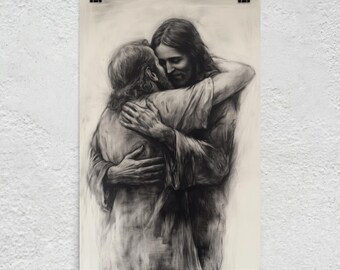 Jesús abrazando a José, hermosa impresión fotográfica en carboncillo - Regalos para las fiestas - Regalos de Navidad para cristianos - Decoración de Cristo Redentor