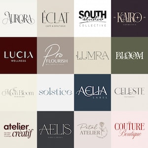 May include: Sixteen logos in a grid, each with a unique design. The logos feature names such as Aurora, Éclat, South Studio, Kairo, Lucia, Pro Flourish, Lumra, Bloom, Moon Bloom, Solstice, Aelia Label, Celeste, Atelier Creatif, Aelis, Petal Atelier, and Couture Boutique.