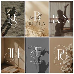 May include: A collection of six logos with a minimalist aesthetic. Each logo features elegant typography and design elements, including floral accents and shadow play. The logos are for a hair studio, aesthetics, and consulting.