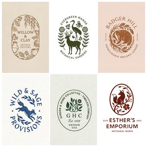 May include: A selection of six vintage-style logos. Designs include a pottery logo with the text "Willow & Clay," a botanical garden logo with a deer and birds, and a logo with a badger. Other logos feature a fox, and the text "GHC Oregon USA."