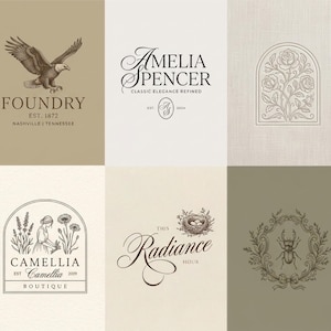 May include: A selection of six sepia-toned vintage logos. Designs include an eagle, floral arrangements, a woman with flowers, and text that reads "FOUNDRY", "AMELIA SPENCER", "CAMELLIA BOUTIQUE", and "THIS Radiance HOUR".
