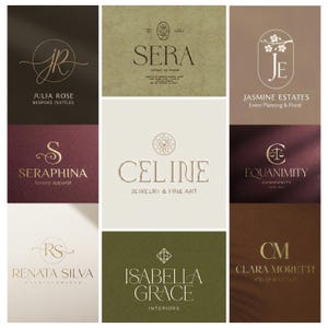 May include: A collection of gold-toned logos on various backgrounds. Logos include "Julia Rose Bespoke Textiles", "Sera", "Jasmine Estates Event Planning & Floral", "Seraphina luxury apparel", "Celine Jewelry & Fine Art", "Equanimity Community", "Renata Silva", "Isabella Grace Interiors", and "Clara Moretti Atelier Boutique".