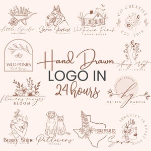 Puede incluir: Una colección de logotipos dibujados a mano con diseños florales, ilustraciones de animales y elementos de marca. El texto "Hand Drawn Logo in 24 hours" está presente.
