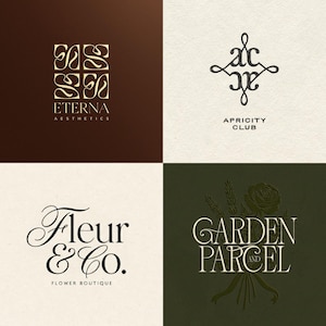 May include: Four logo designs on a textured background. The logos include the text "ETERNA AESTHETICS", "APRICITY CLUB", "Fleur & Co. FLOWER BOUTIQUE", and "GARDEN AND PARCEL". The logos feature elegant typography and floral elements.
