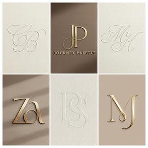 May include: Six monogram designs in gold and embossed styles. The designs feature elegant letter combinations. One design includes the text "JOURNEY PALETTE". The backgrounds are neutral tones of beige, brown, and cream.