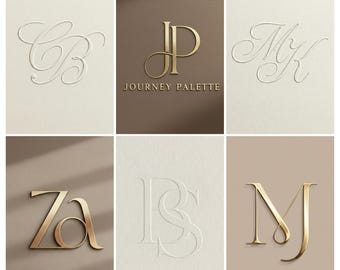 May include: A collection of six monogram designs. The designs feature elegant letter combinations in gold and embossed styles. One design includes the text "JOURNEY PALETTE". The backgrounds are neutral tones of beige, brown, and cream.