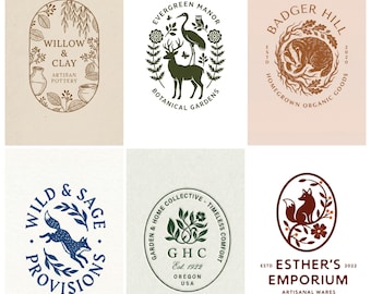 Może przedstawiać: Kolekcja sześciu logo w stylu vintage z motywami natury. Projekty obejmują logo garncarstwa, logo ogrodu botanicznego z jeleniem i ptakami, logo borsuka, logo lisa oraz logo z tekstem "Wild & Sage Provisions".