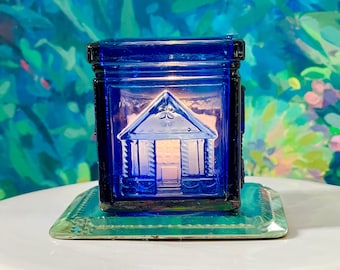 Suporte para vela votiva vintage em vidro azul cobalto