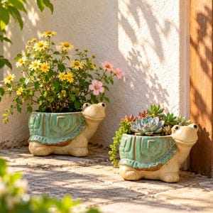May include: Two turtle-shaped ceramic planters with a glossy turquoise shell finish and a cream-coloured body. One planter holds yellow and pink flowers, while the other contains a variety of green and purple succulents, both resting on a stone surface.