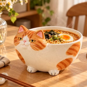 Może przedstawiać: Ceramiczna miska w kształcie rudego kota w pręgi, z białym futrem i małymi łapkami u podstawy. Miska wypełniona jest makaronem ramen, jajkiem na miękko, wodorostami i szczypiorkiem, a z gorącego wywaru unosi się para.