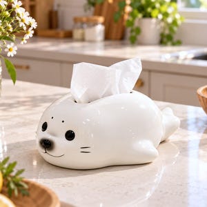 May include: A white ceramic tissue box cover shaped like a seal with a glossy finish. The seal has black painted eyes, a black nose, and whiskers. A white tissue is pulled through the opening on the top of the seal's back, which is rounded.