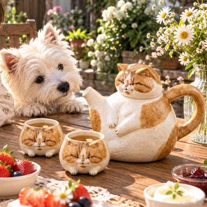 Peut inclure: Un service à thé en céramique composé d'une théière ronde en forme de chat endormi avec des taches orange et blanches, accompagné de deux tasses assorties représentant des visages de chat, posé sur une table en bois avec des fraises.