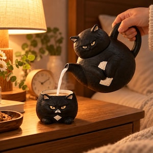 May include: A black ceramic teapot shaped like a grumpy cat with a white patch on its chest, pouring a stream of white liquid into a matching black cat-shaped mug. Both items feature textured surfaces, pointed ears, and stern facial expressions.