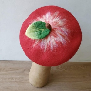 Red apple beret, Handmade Woolfelt fruit beret hat, french beret hat, Gift for women, winter hat, Birthday Gift,