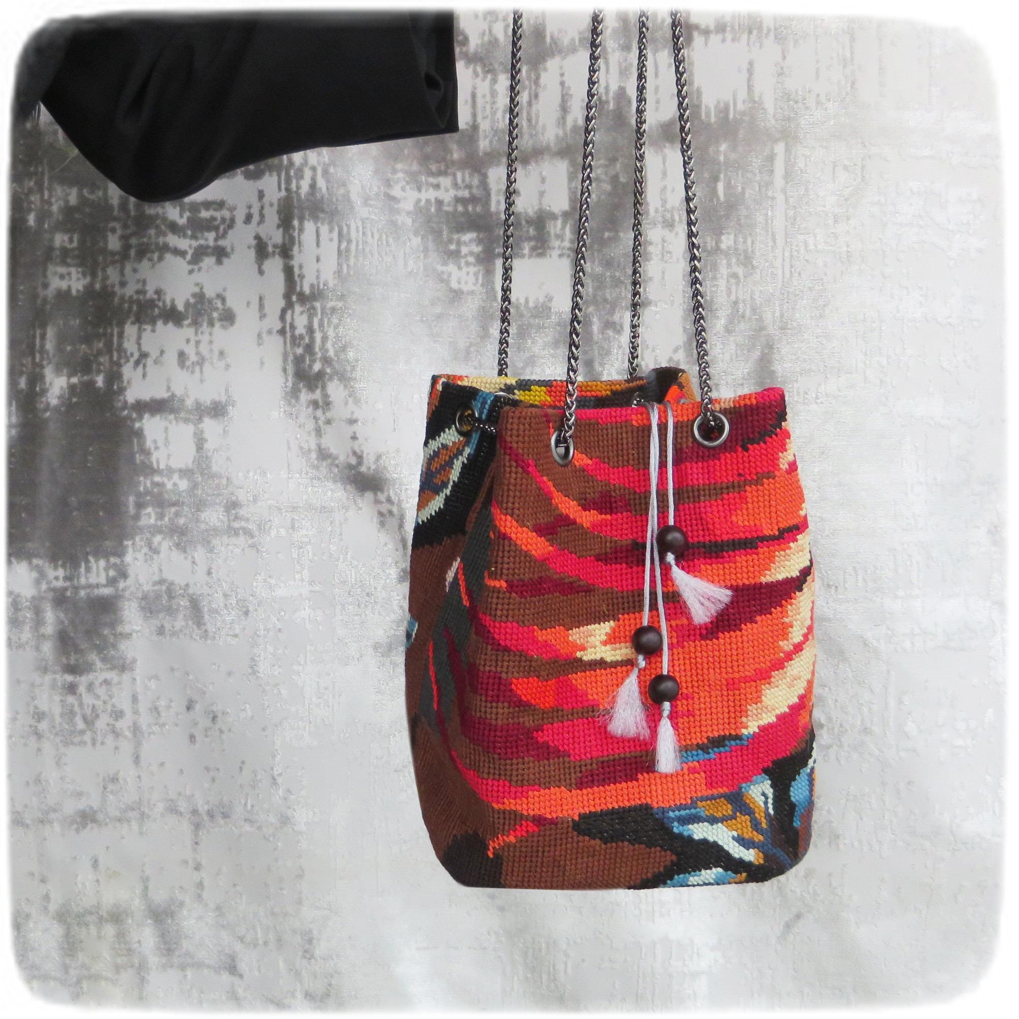 Canvas Bucket Bag, Tapestry Pocket Bucket Bag, 70's Firebird, Chain Purse