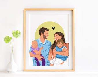 May include: A digital illustration of a family of four. A man and woman are holding their two children. The family is standing in front of a yellow circle with a black heart above them. The illustration is in a light, cartoon style.