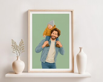 Illustrazione di famiglia personalizzata, ritratto personalizzato, regalo per la festa del papà (digitale)
