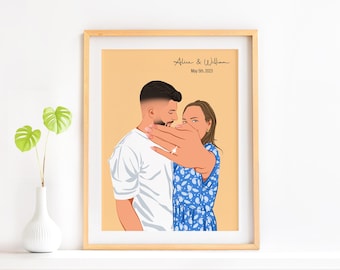 May include: A digital illustration of a couple embracing. The man is wearing a white shirt and the woman is wearing a blue and white patterned dress. The text "Alice & William" and "May 5th, 2023" is written above the couple.