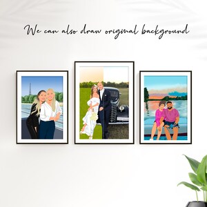 May include: Three framed illustrations of couples in different settings. The first illustration shows a couple standing in front of the Eiffel Tower. The second illustration shows a couple standing in front of a vintage car. The third illustration shows a couple sitting on a dock at sunset.