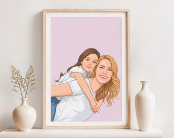 Retrato familiar personalizado, regalo personalizado para el Día de la Madre, regalo para mamá primeriza, dibujo a partir de una foto.