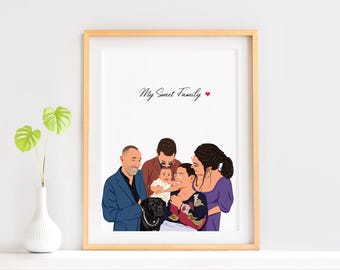 Familienbild, Benutzerdefiniertes Porträt, neuer Vatergeschenk, Familienillustration, Vatertagsgeschenk, personalisiertes Geschenk, Zeichnung vom Foto, Geschenk für ihn
