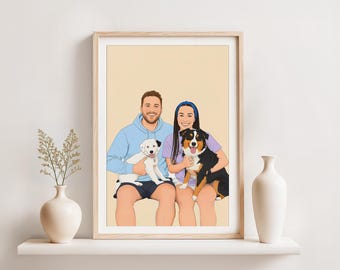 Retrato familiar personalizado con mascota: regalo familiar personalizado, dibujo a mano a partir de una foto.