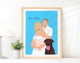 Portrait de famille personnalisé avec animal de compagnie, illustration personnalisée (impression numérique du portrait)