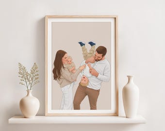 Retrato familiar personalizado, regalo de Navidad para padres, ilustración personalizada, dibujo a partir de una foto.