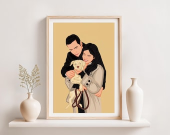 Anpassad illustration av par och husdjursporträtt, teckning från foto (digitalt)