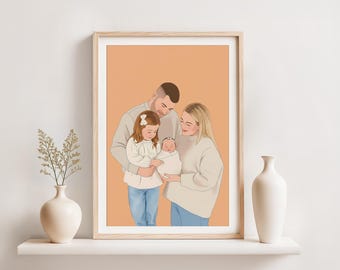 Retrato de caricatura personalizado, impresión familiar personalizada, regalo de Navidad para padres, dibujado a mano