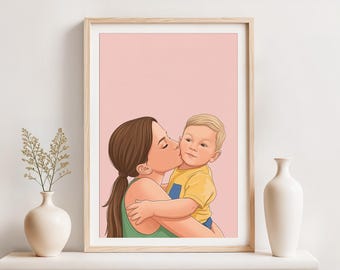 Retrato de dibujos animados personalizado, regalo para el primer Día de la Madre, dibujo a partir de una foto.