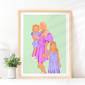 Faceless Illustration, Mom Gift from Daughters, Mother's Day Gift, Family Portrait from Photo, Cartoon Drawing, Personalized Gift for Her
