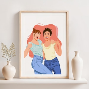 Retrato de desenho animado personalizado, presente de aniversário para melhor amiga, desenho personalizado a partir de foto, impressão de ilustração sem rosto, presente personalizado para irmã
