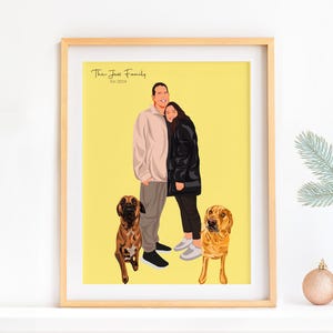 Faceless Drawing, Cartoon Family Portrait, Couple with Pet, Custom Illustration, Personalized Gift, Christmas Gift for Her, Woman Gift