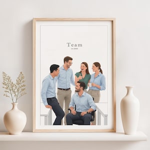 Op de afbeelding: Een ingelijste print met een groep van zes mensen in zakelijke kleding. Het woord "Team" staat bovenaan, met "est. 2025" eronder. Het kunstwerk is in een minimalistische stijl, met een neutraal kleurenpalet.