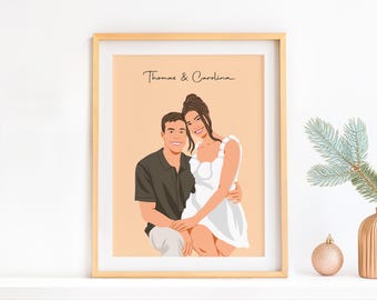 May include: A framed illustration of a couple, Thomas & Carolina, with the woman in a white dress and the man in a dark green shirt. The background is a peach color.