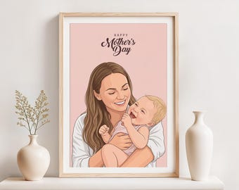 Retrato familiar personalizado, regalo personalizado para el primer Día de la Madre, regalo para mamá primeriza, dibujo a partir de una foto.
