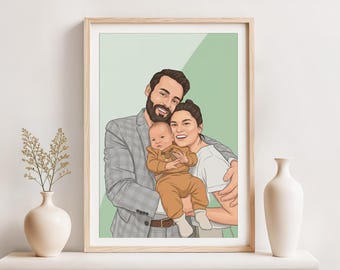 Retrato familiar personalizado a partir de una foto, regalo para padres, ilustración personalizada, dibujado a mano.