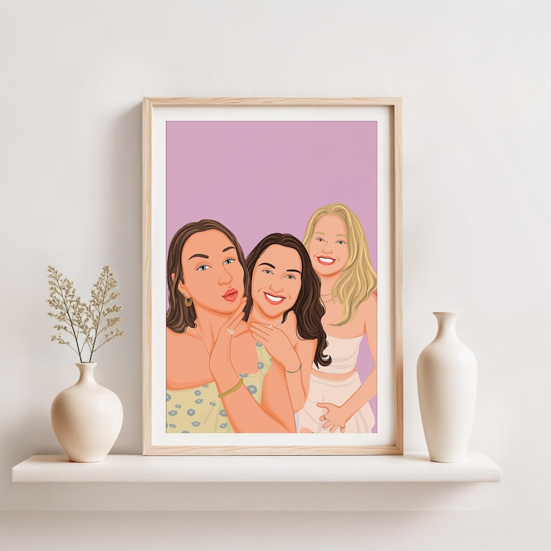 May include: A framed portrait featuring three women in a cartoon style. The women are depicted with fair skin, wearing summer attire, and smiling. The background is a solid lavender color. The frame is a light wood color.