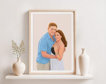 Custom Couple Portrait: Hand-Drawn Illustration, Engagement Gift for Her (Digital)