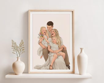 Retrato familiar personalizado, dibujo a partir de una foto, regalo de Navidad para padres, dibujado a mano, ilustración personalizada.