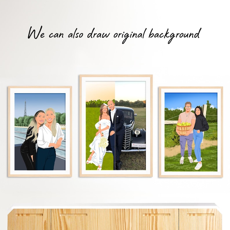 May include: Three framed portraits with illustrations of people. The first shows two women in front of the Eiffel Tower. The second depicts a couple with a vintage car. The third shows a couple in a field with a basket of apples. Text above reads: "We can also draw original background."