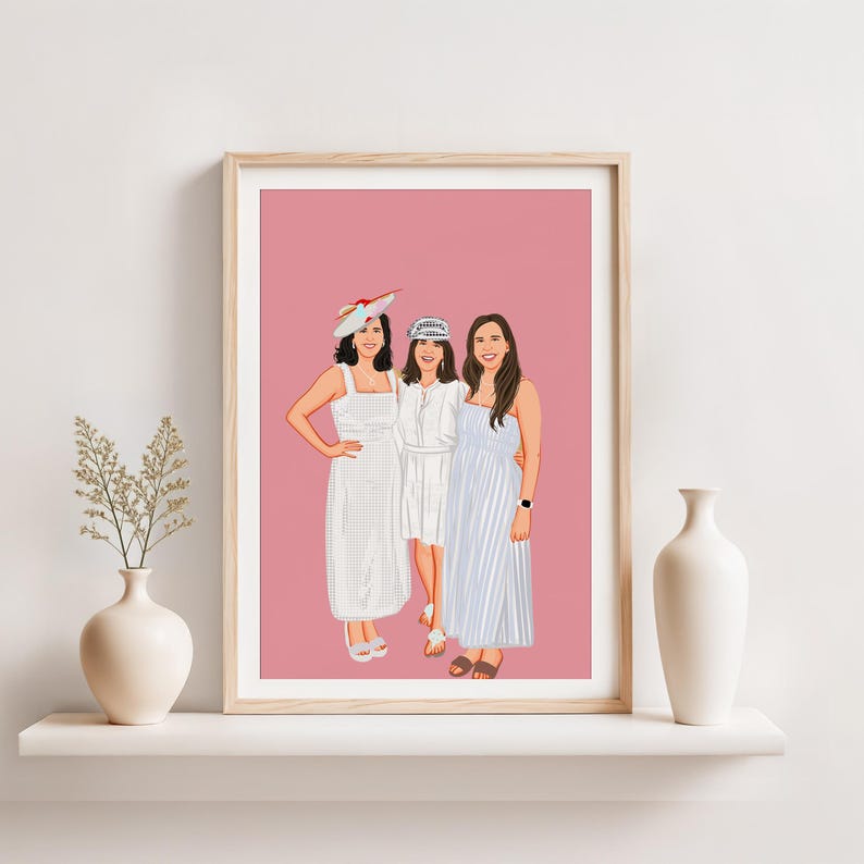 May include: A framed illustration of three people in white dresses and hats, set against a pink background. The artwork is displayed on a white shelf with a vase and decorative plant. The style is a digital portrait.