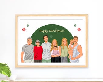 Custom Family Painting, Christmas Gift, Family Portrait, Cartoon Drawing, Personalized Gift, Hand Drawn Portrait, Minimalist Wall Art