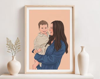 Retrato familiar personalizado dibujado a partir de una foto, regalo personalizado para el primer Día de la Madre.